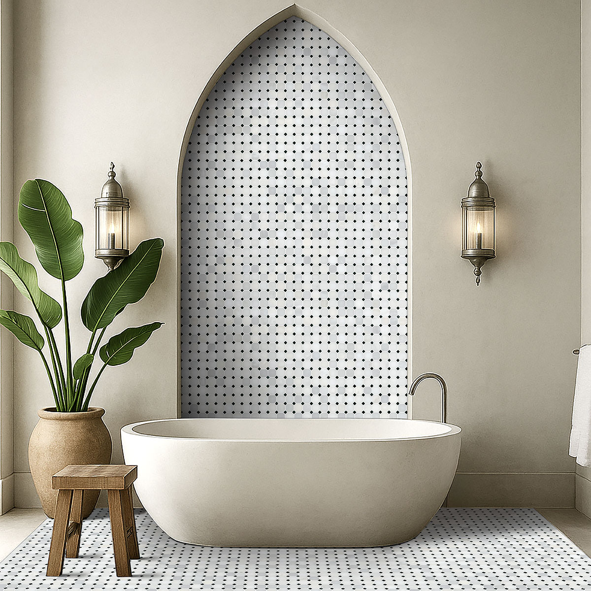 Greecian White 2" Octagon with Black 5/8x5/8 Polished in 12x12 Mesh backsplash in a bathroom