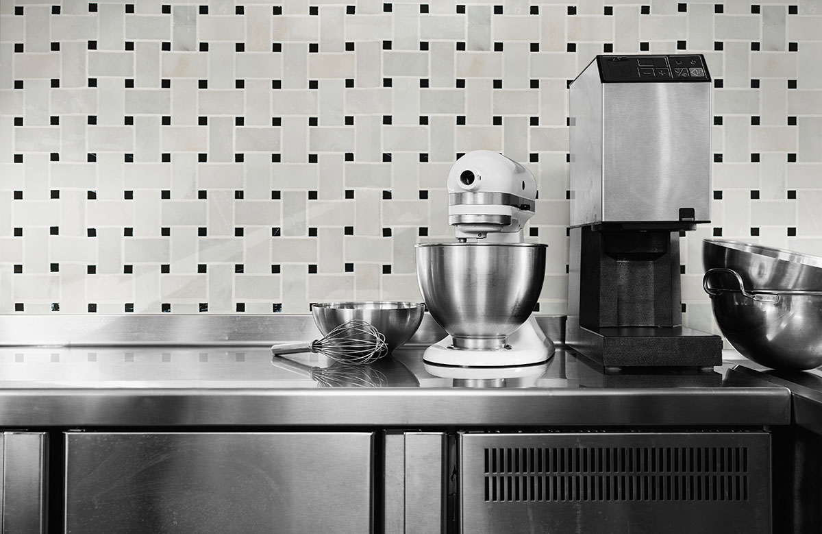 Greecian White Basketweave Pattern Polished backsplash installed