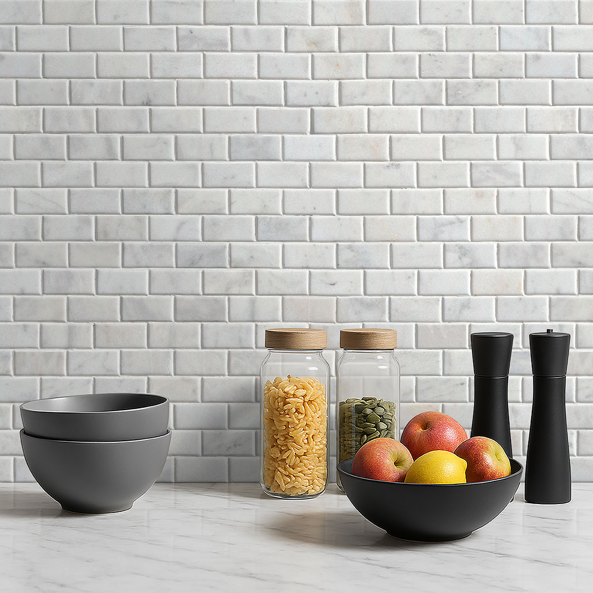 Greecian White Beveled Subway Tile 2x4 backsplash in a kitchen