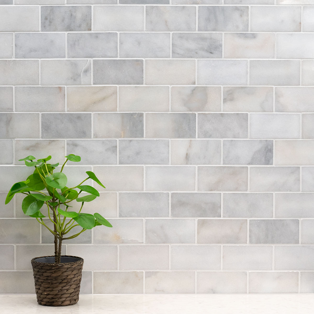 Greecian White Subway Tile backsplash installed — view 4