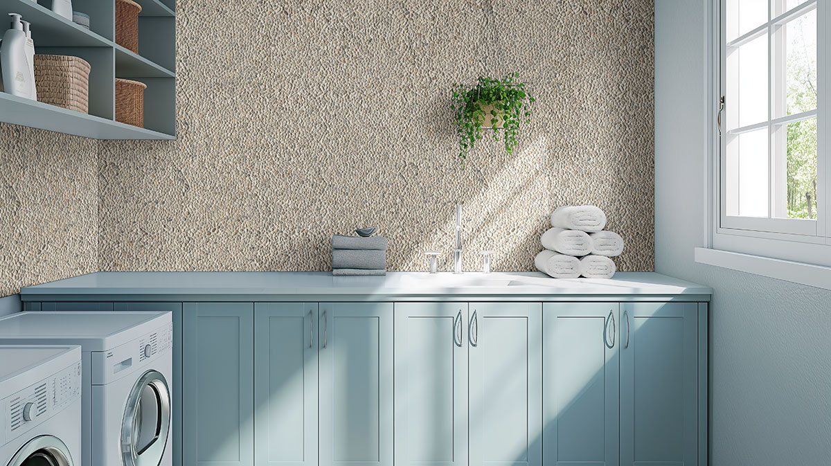 Ivory White Mini Pebble backsplash installed — view 2