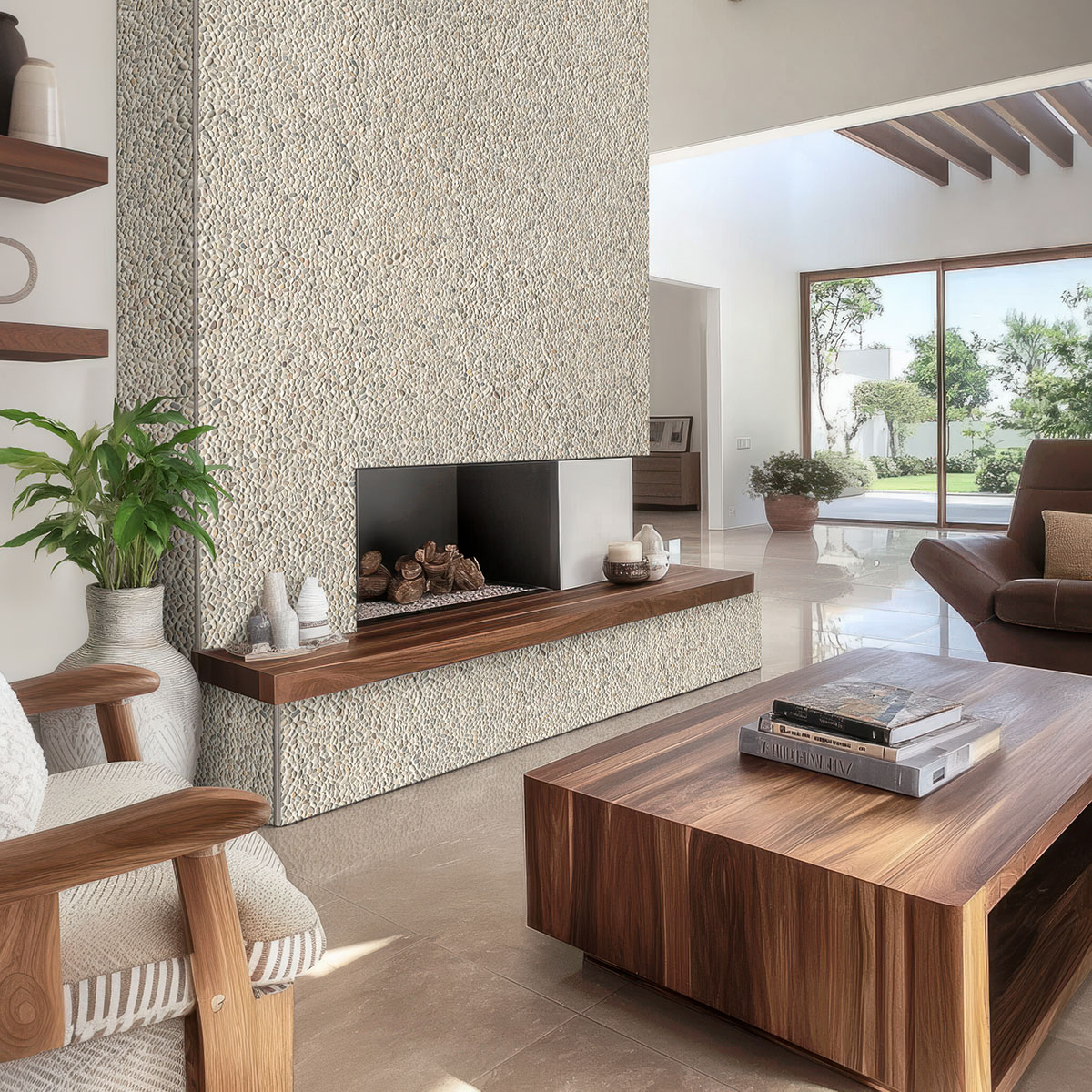 Ivory White Mini Pebble backsplash in a living room
