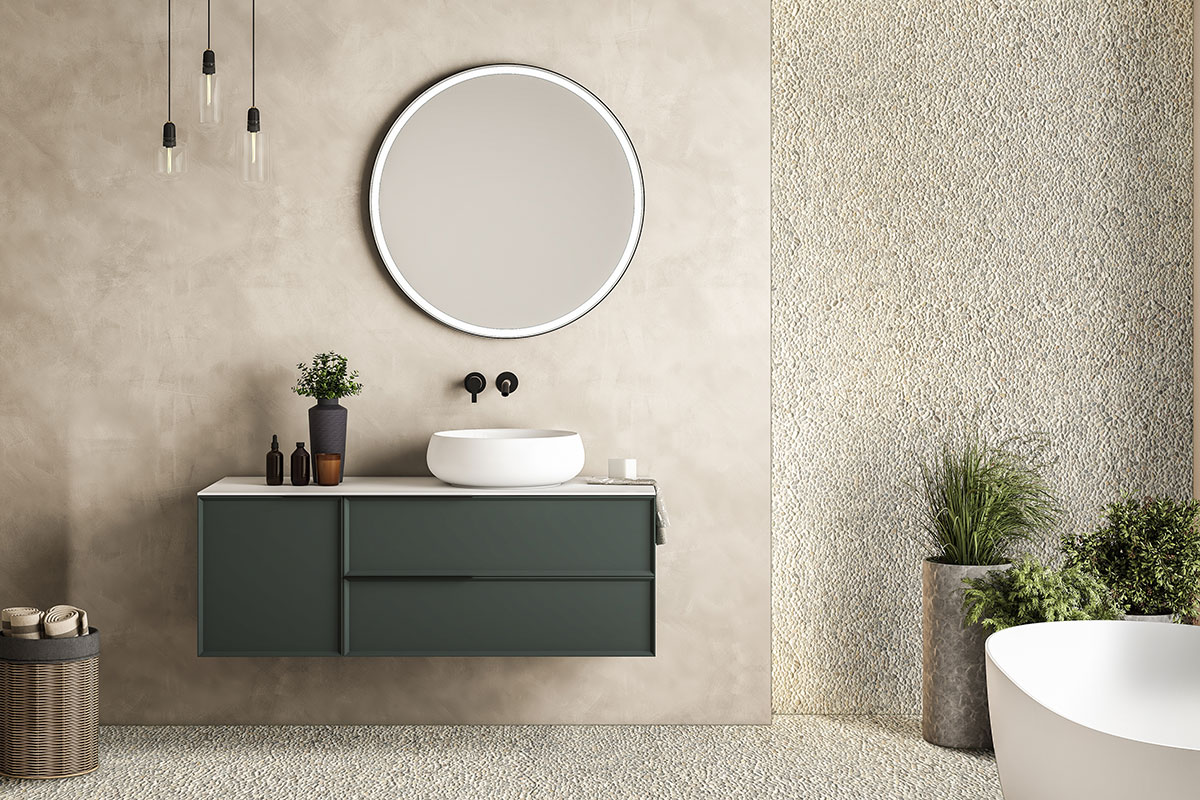 Ivory White Mini Pebble backsplash in a bathroom