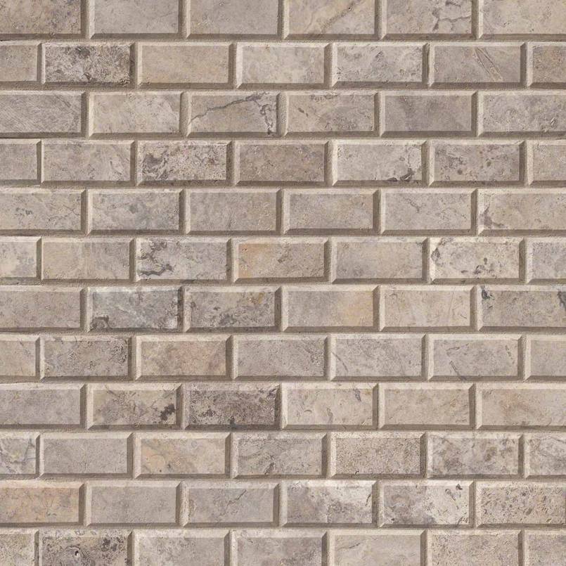 Silver Travertine Subway Tile 2x4 surface detail