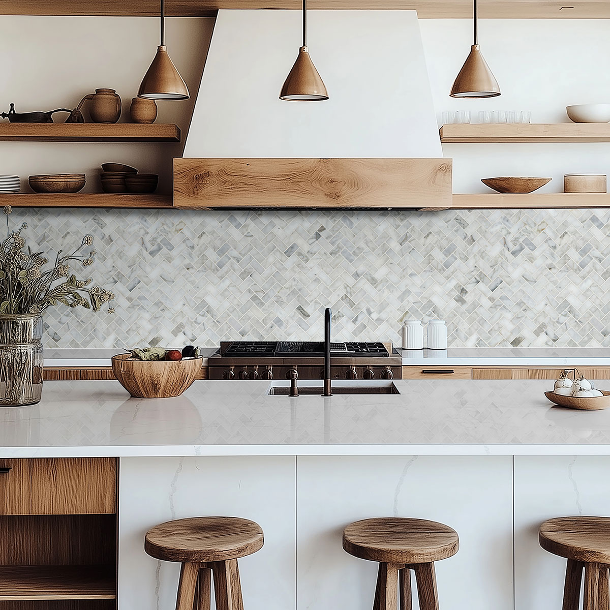 Calacatta Cressa Herringbone Honed backsplash installed