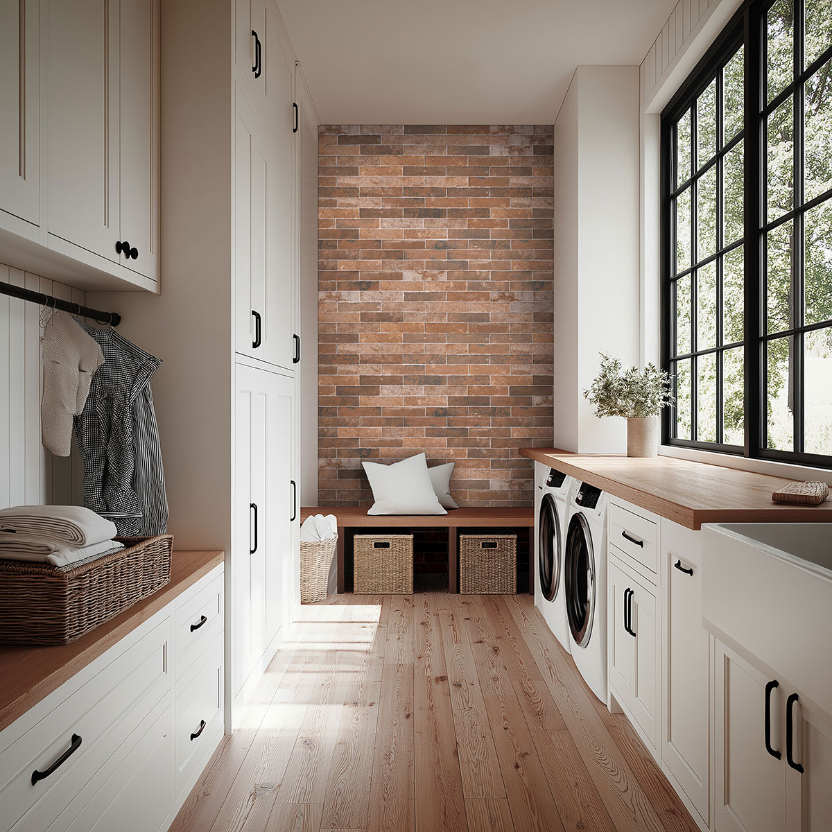 Brickstone Red 2x10 backsplash in a laundry room