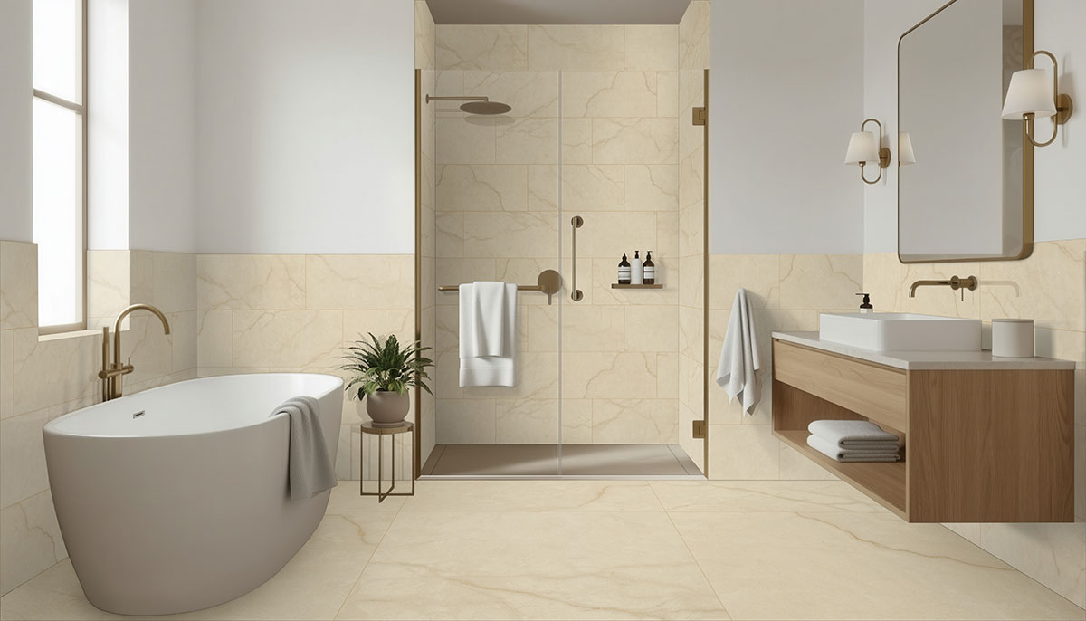 Crema backsplash in a bathroom