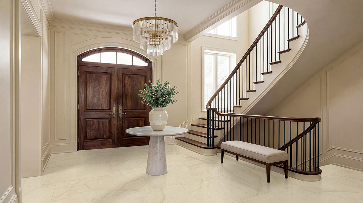 Crema backsplash in a entryway