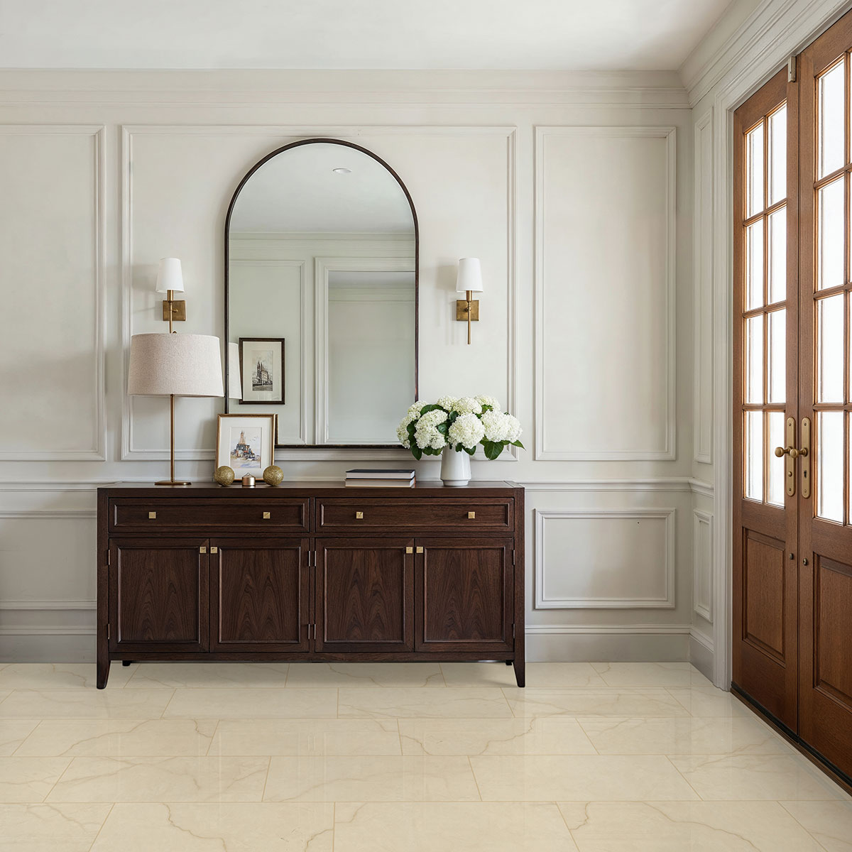 Crema backsplash in a entryway — view 2