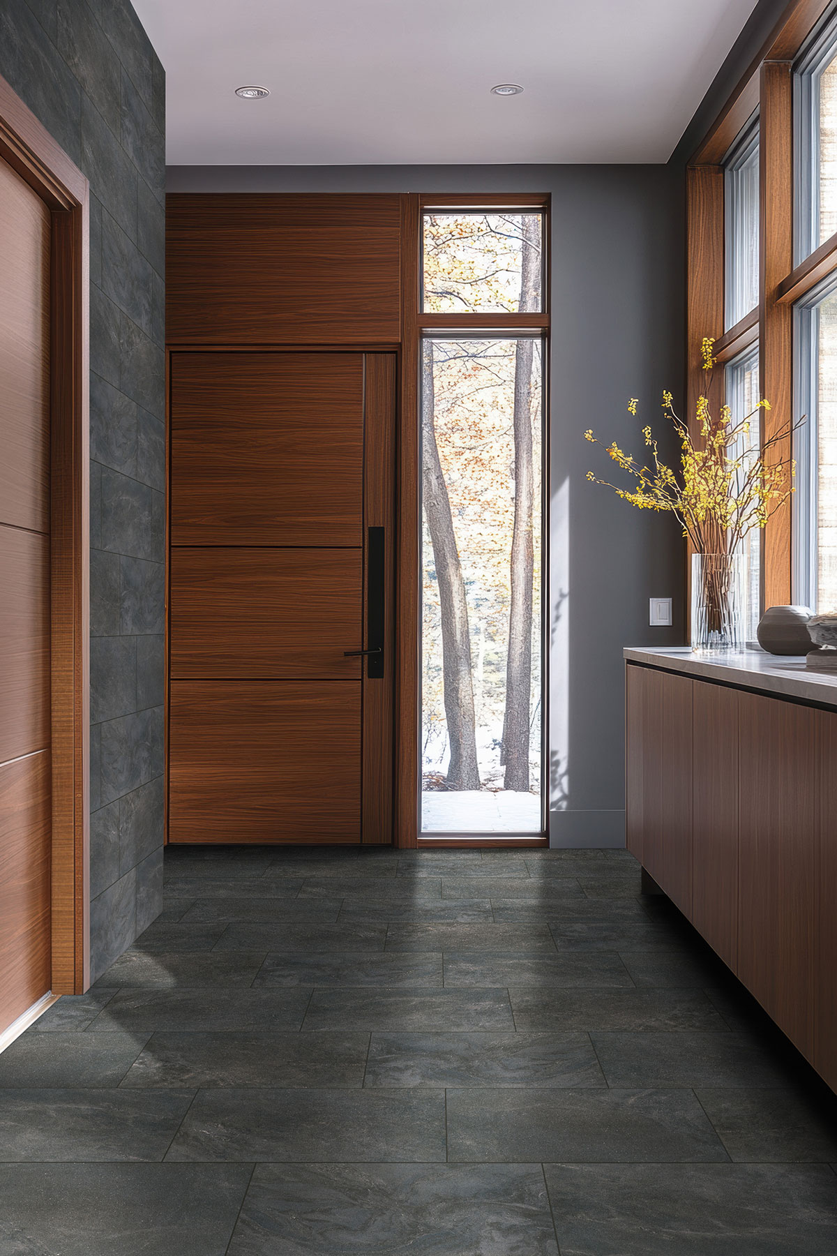 Obsidian backsplash in a entryway