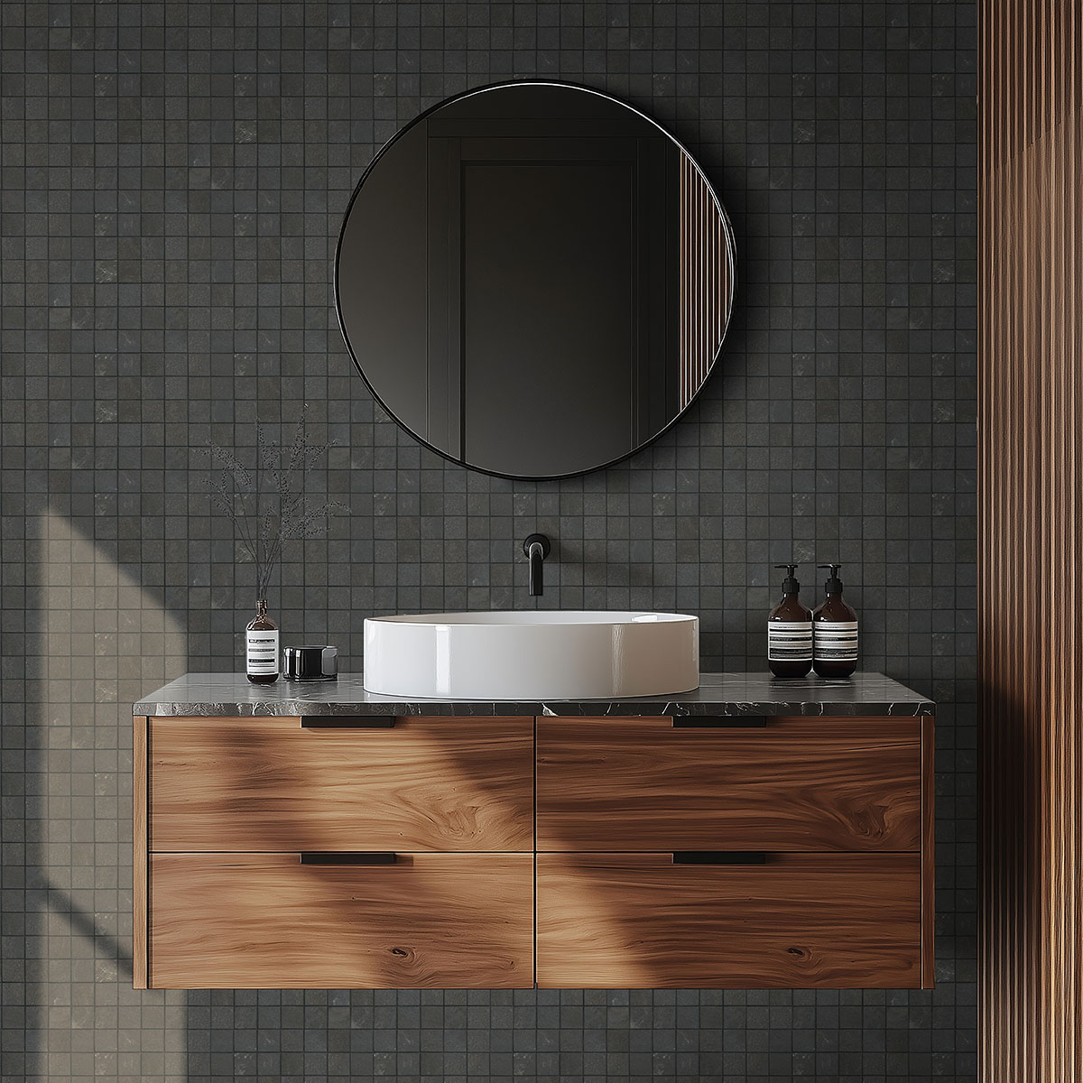 Obsidian backsplash in a bathroom — view 4
