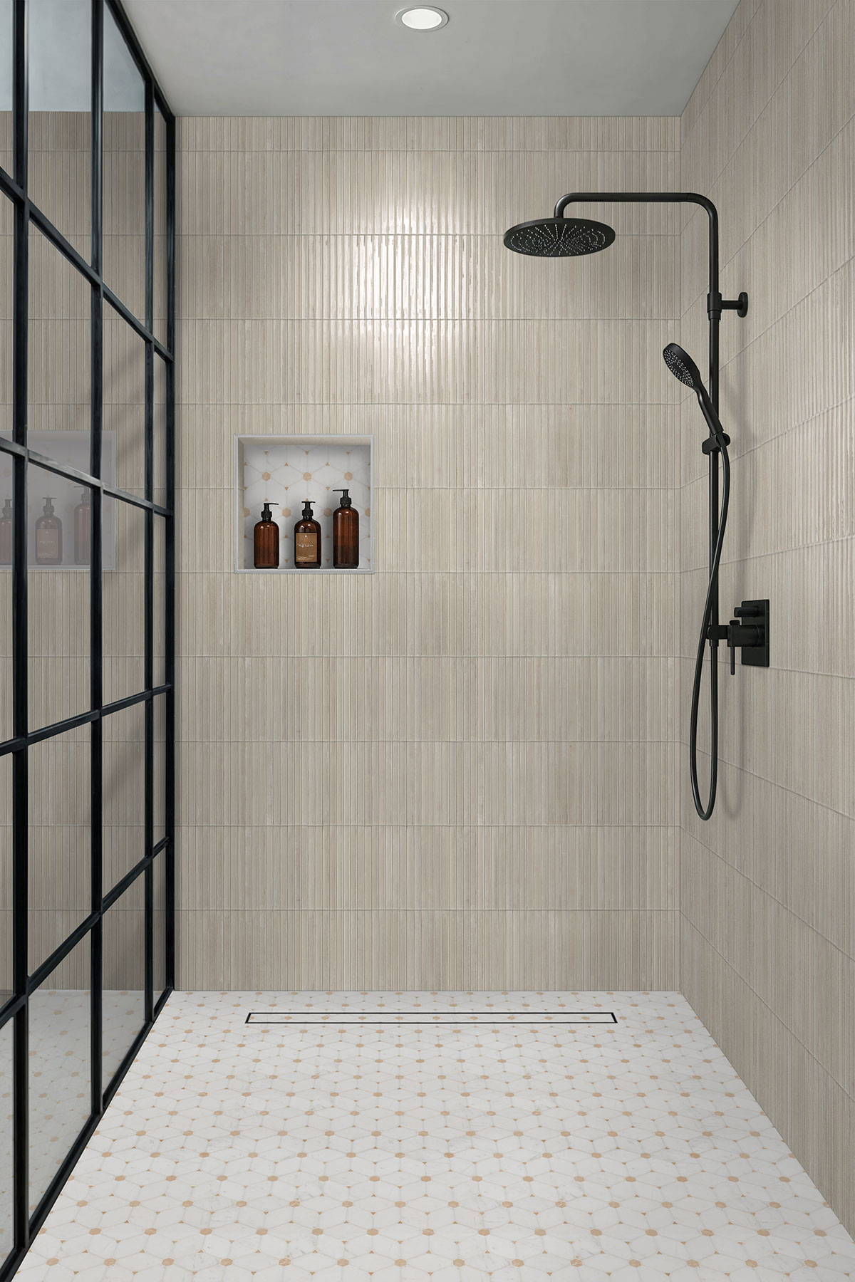 Latte backsplash in a bathroom