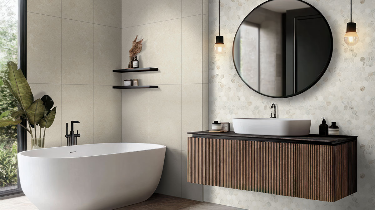 Marfil backsplash in a bathroom