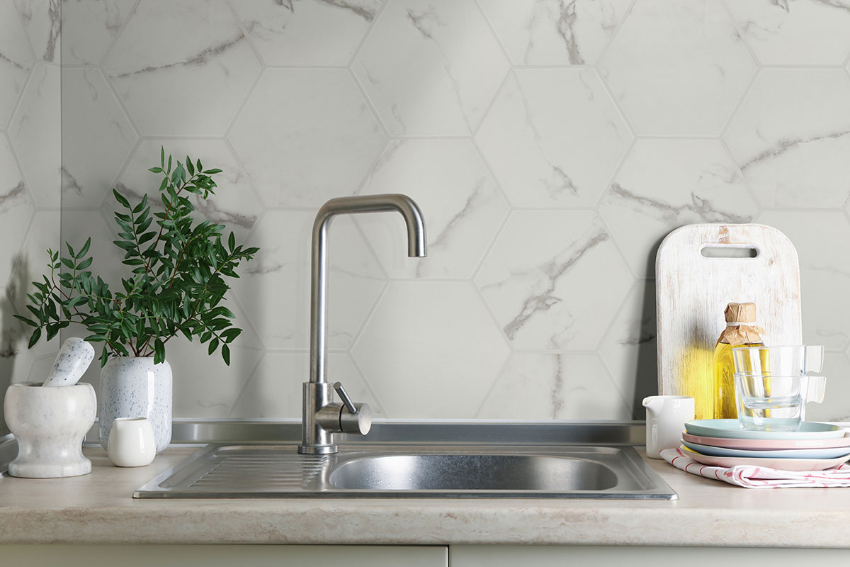 Marbello Hexagon Tile backsplash installed — view 2