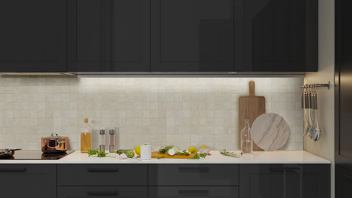 Quartz White backsplash installed — view 3
