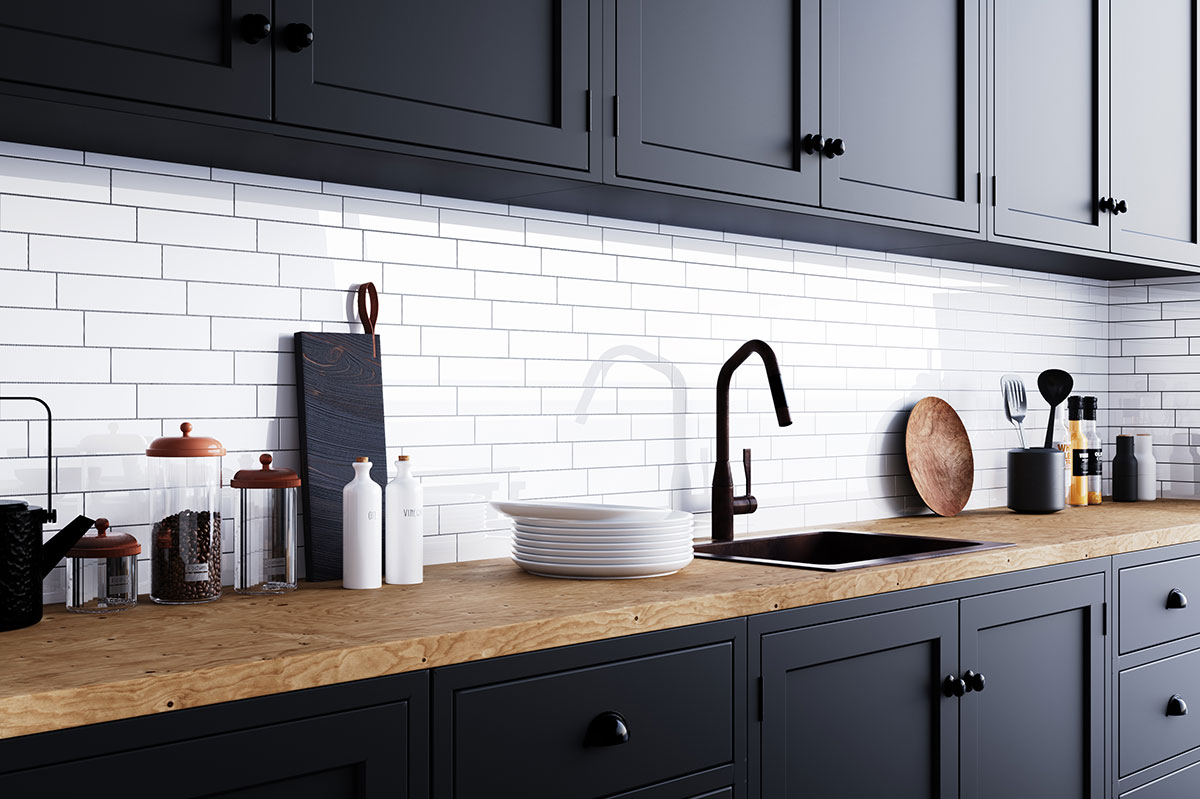 White 2x8 Glossy backsplash installed — view 2