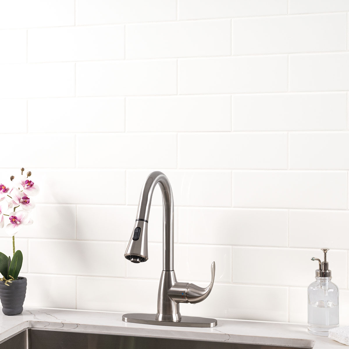 White 4x12 Glossy backsplash installed — view 2