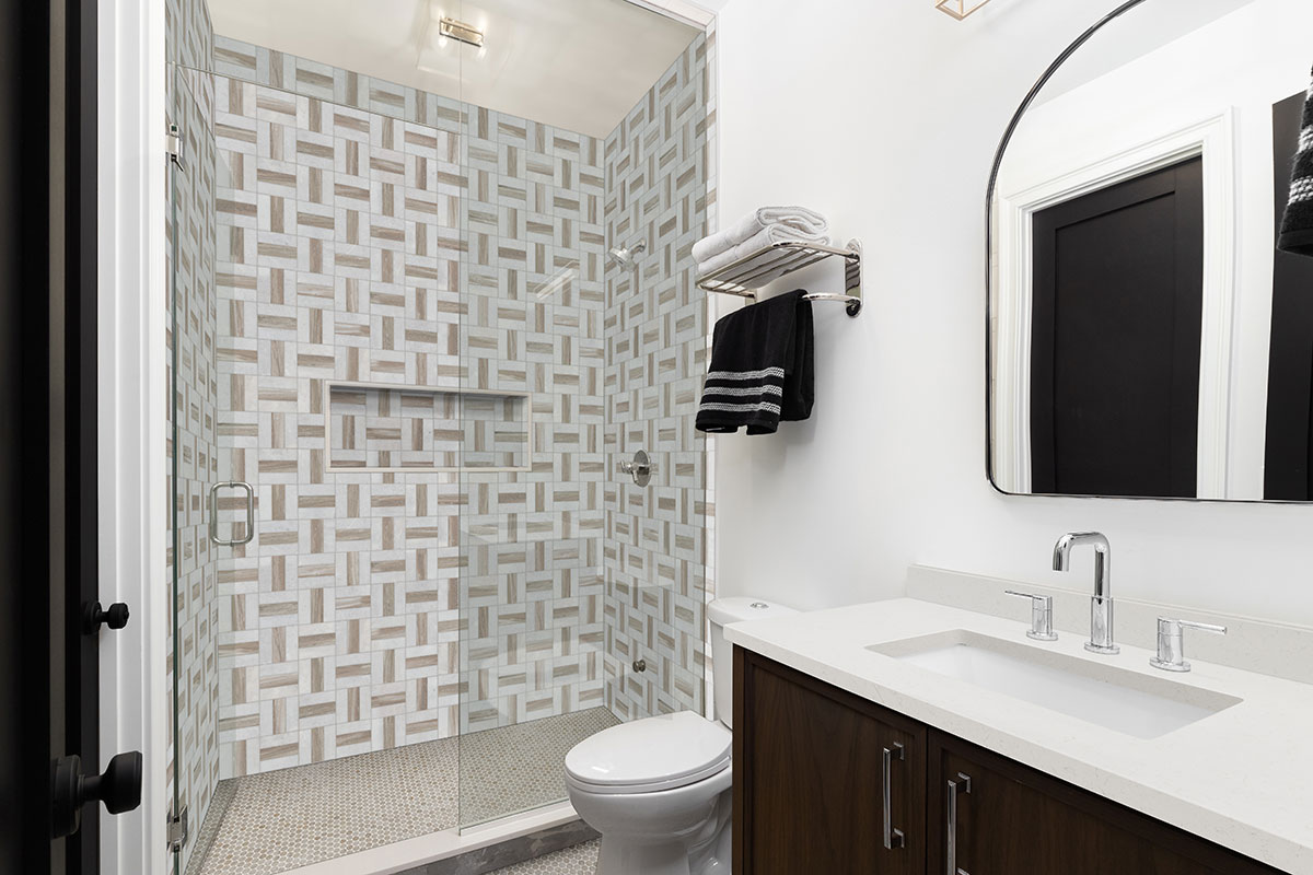 Myrtle Sands Round Matte backsplash in a bathroom