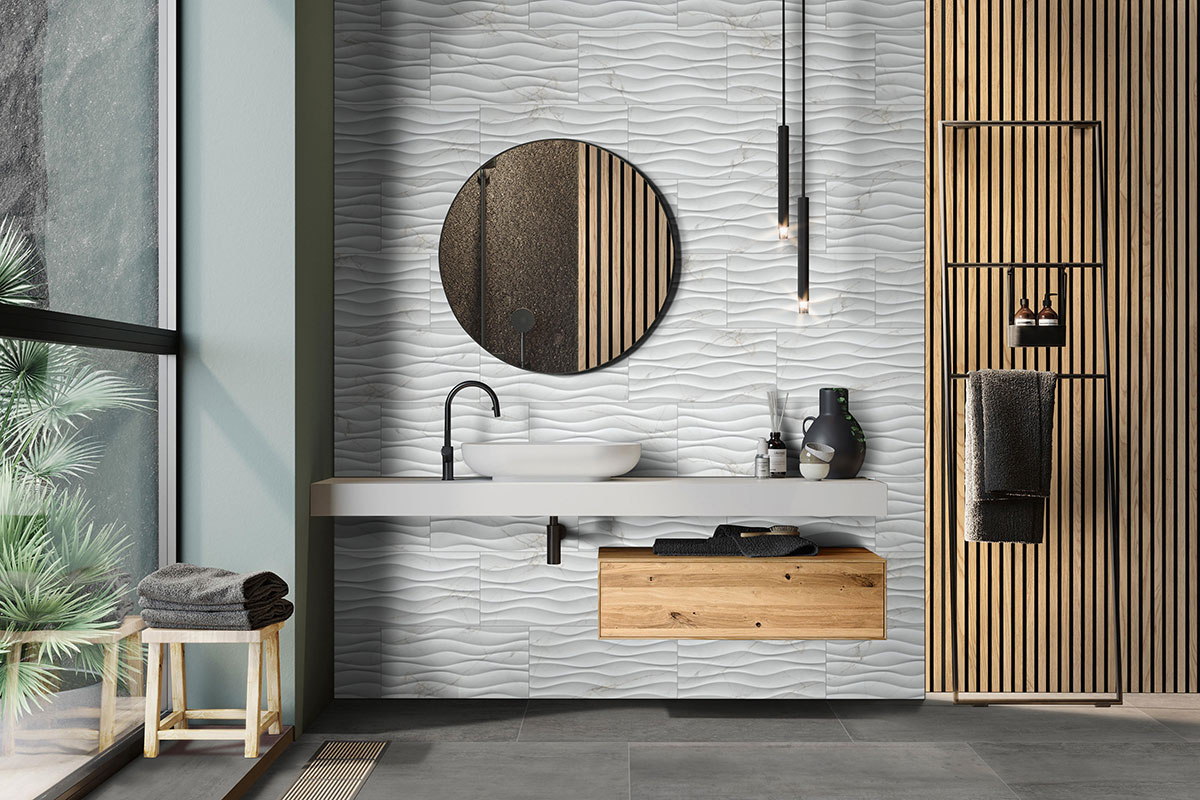 Magnetite backsplash in a bathroom