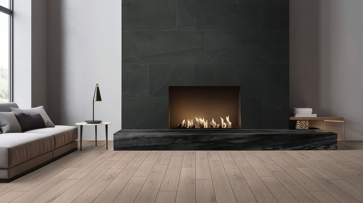 Midnight Agate backsplash in a living room