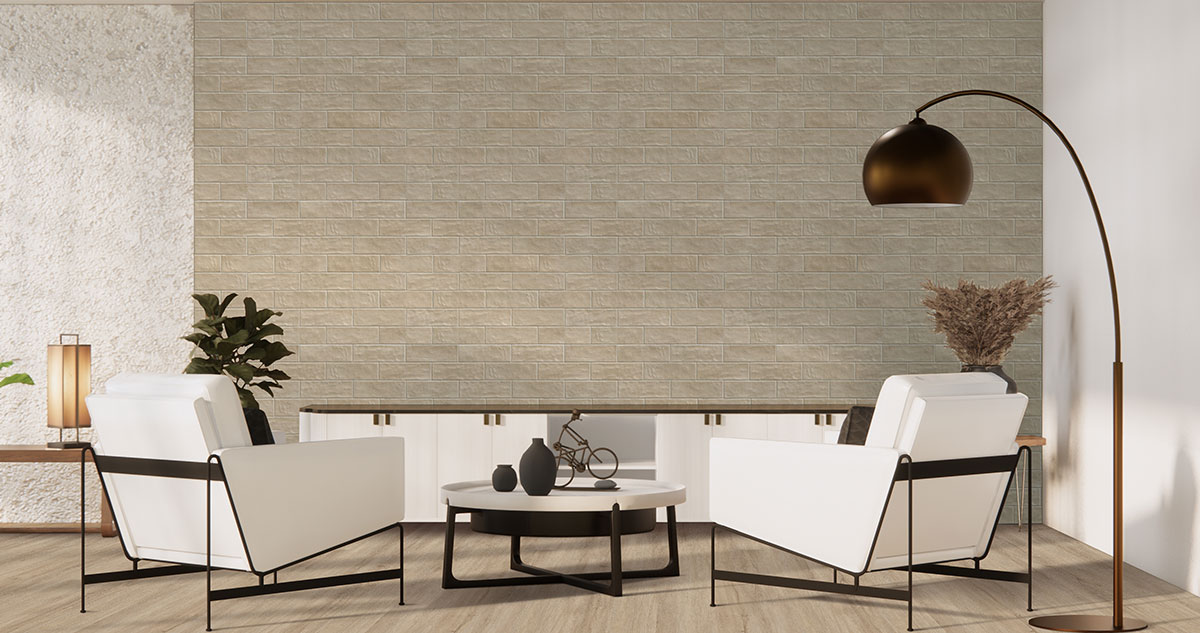 Sierra Umber 4x12 Matte backsplash in a living room