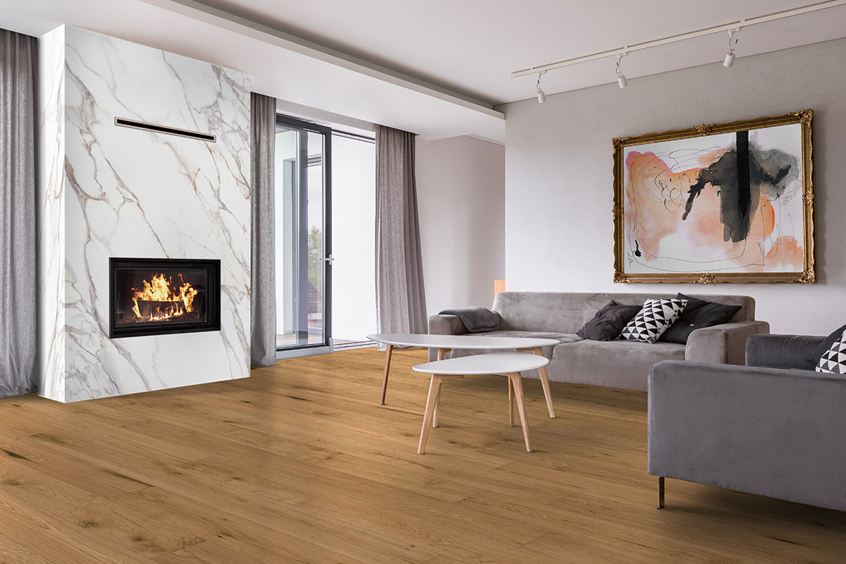 Calacatta Fiorella backsplash in a living room — view 2