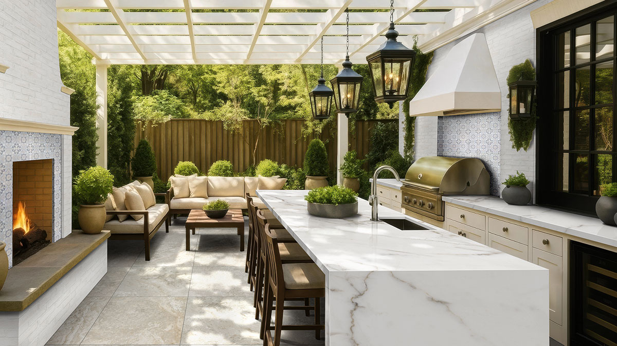 Calacatta Lucca backsplash in a outdoor hardscape
