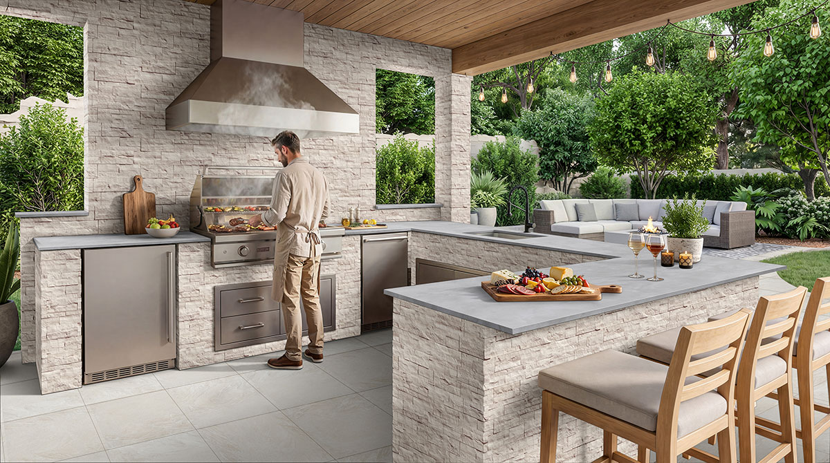 Cement Ash backsplash in a outdoor hardscape — view 3