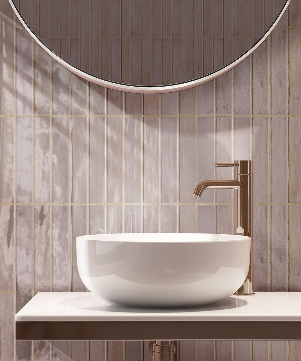Blush 2x10 backsplash installed — view 3