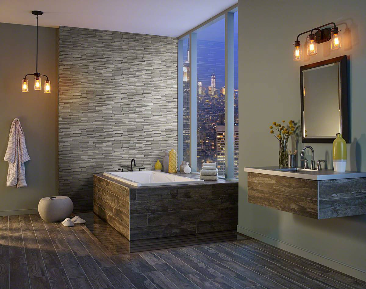 Gray Oak 3D Honed backsplash installed