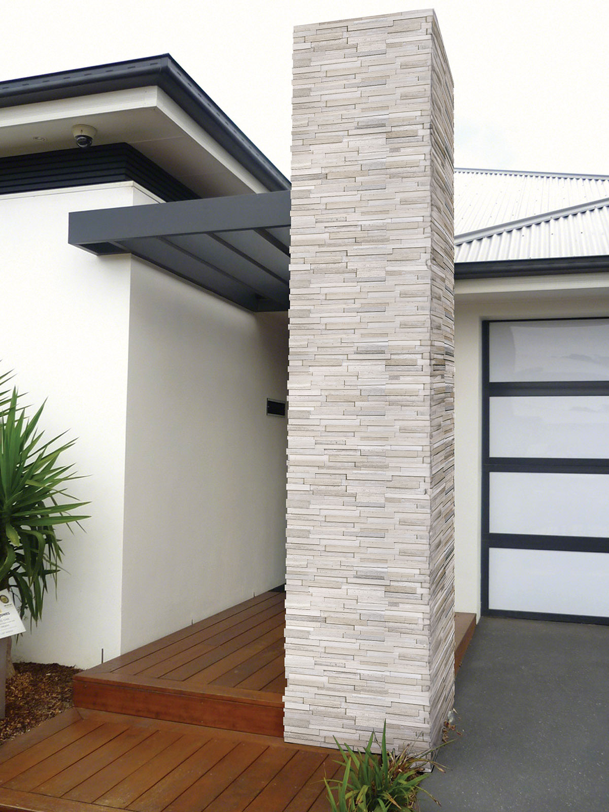 Gray Oak 3D Honed backsplash in a outdoor hardscape