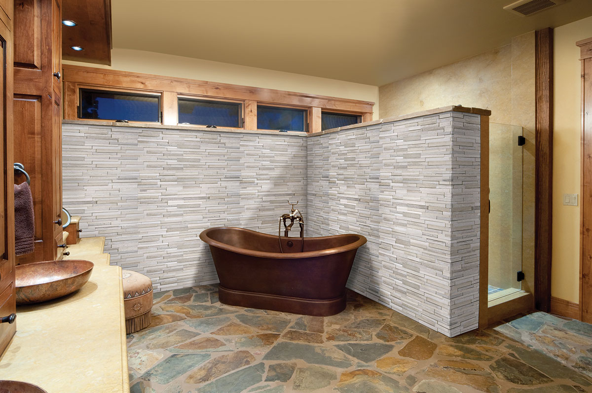 Gray Oak 3D Honed backsplash in a bathroom