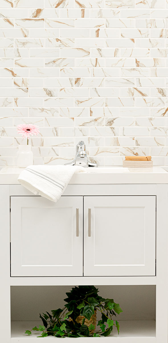 Calacatta Gold Matte Subway Tile 2x6 backsplash installed — view 2