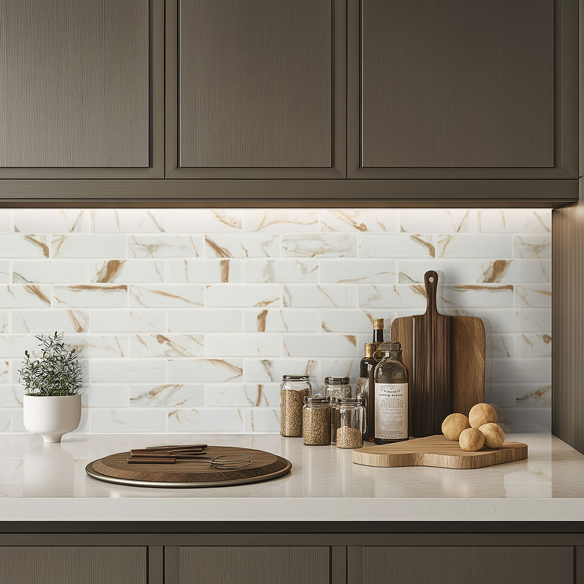 Calacatta Gold Matte Subway Tile 2x6 backsplash in a kitchen