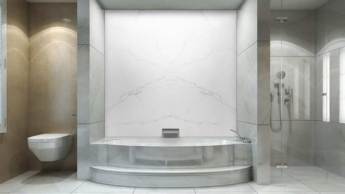 Glacier Pearl backsplash in a shower — view 2