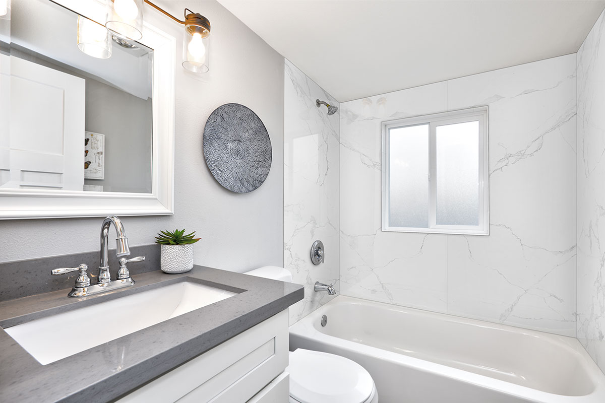 Glacier Pearl backsplash in a bathroom