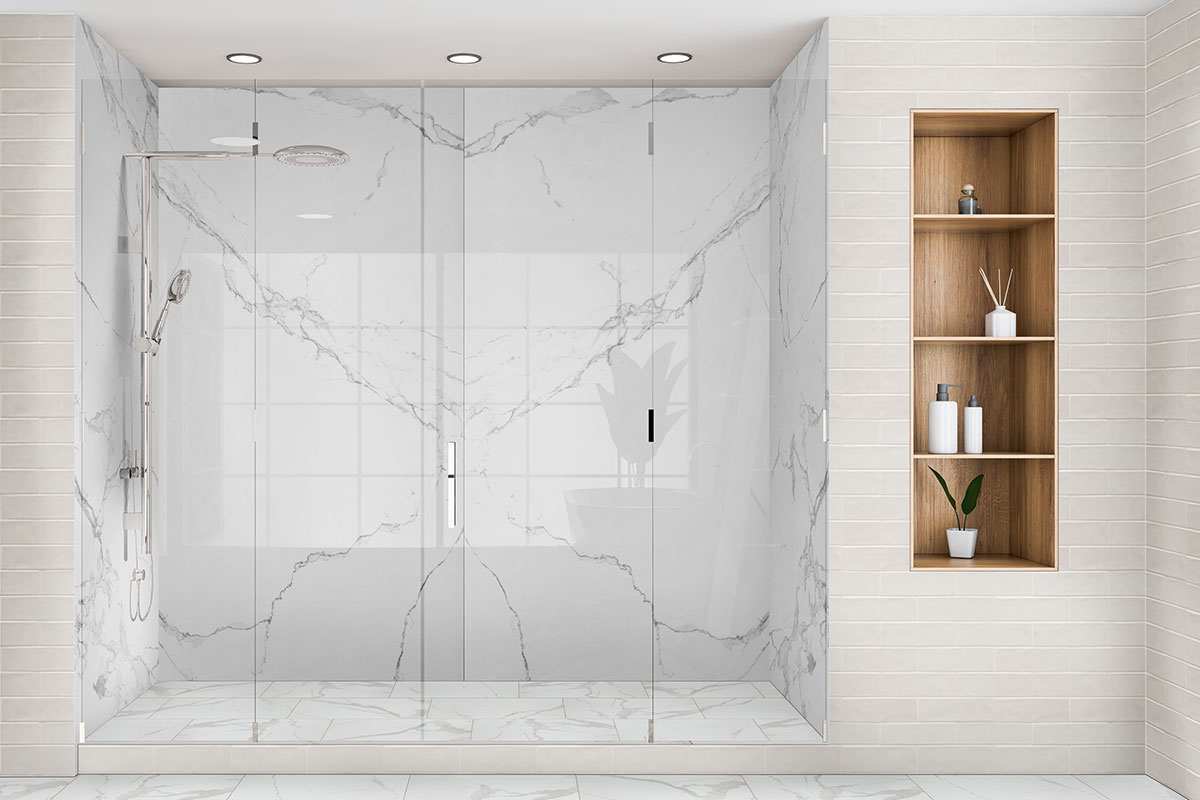 Glacier Statuary backsplash in a shower — view 4