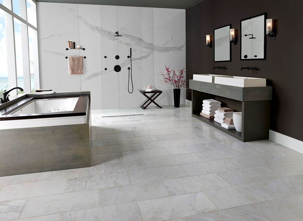 Glacier Statuary backsplash in a shower — view 5