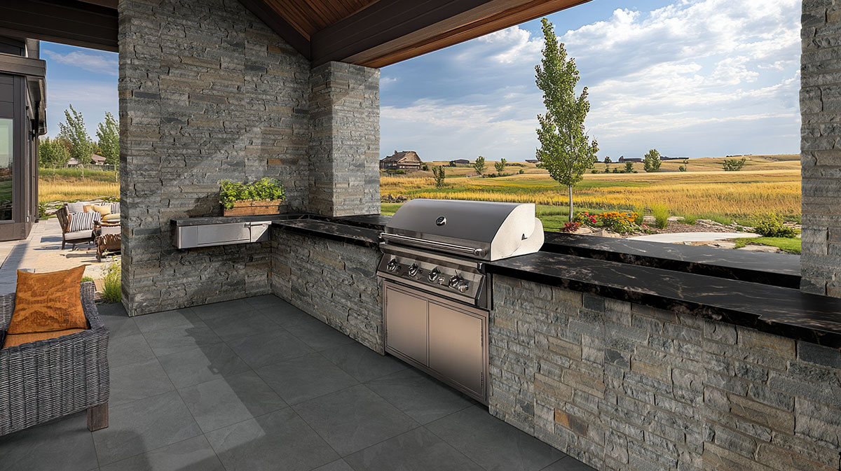 Titanium Granite countertop in a outdoor hardscape