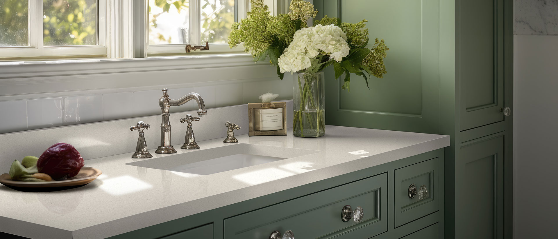 Aruca White Quartz countertop installed — view 4