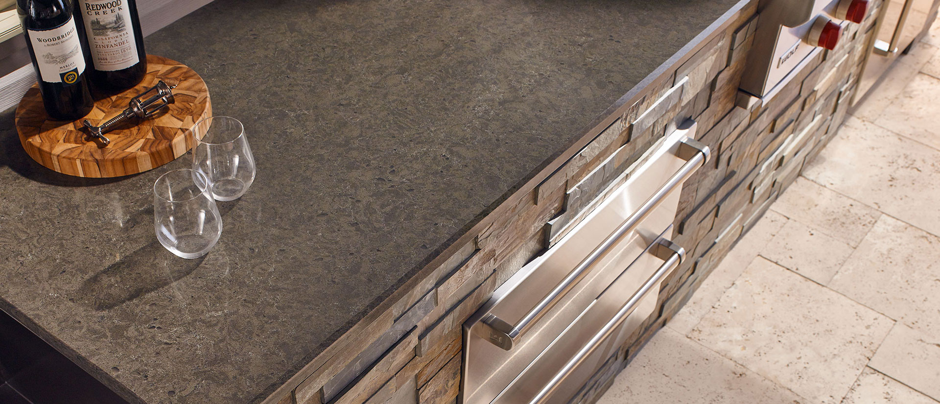 Babylon Gray Concrete Quartz countertop installed — view 2