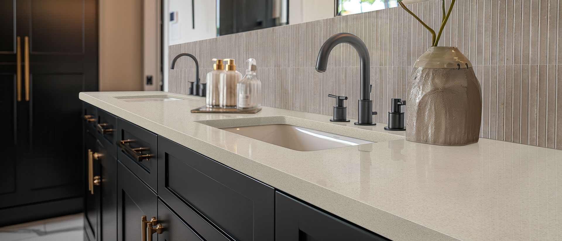 Bayshore Sand Quartz countertop in a bathroom
