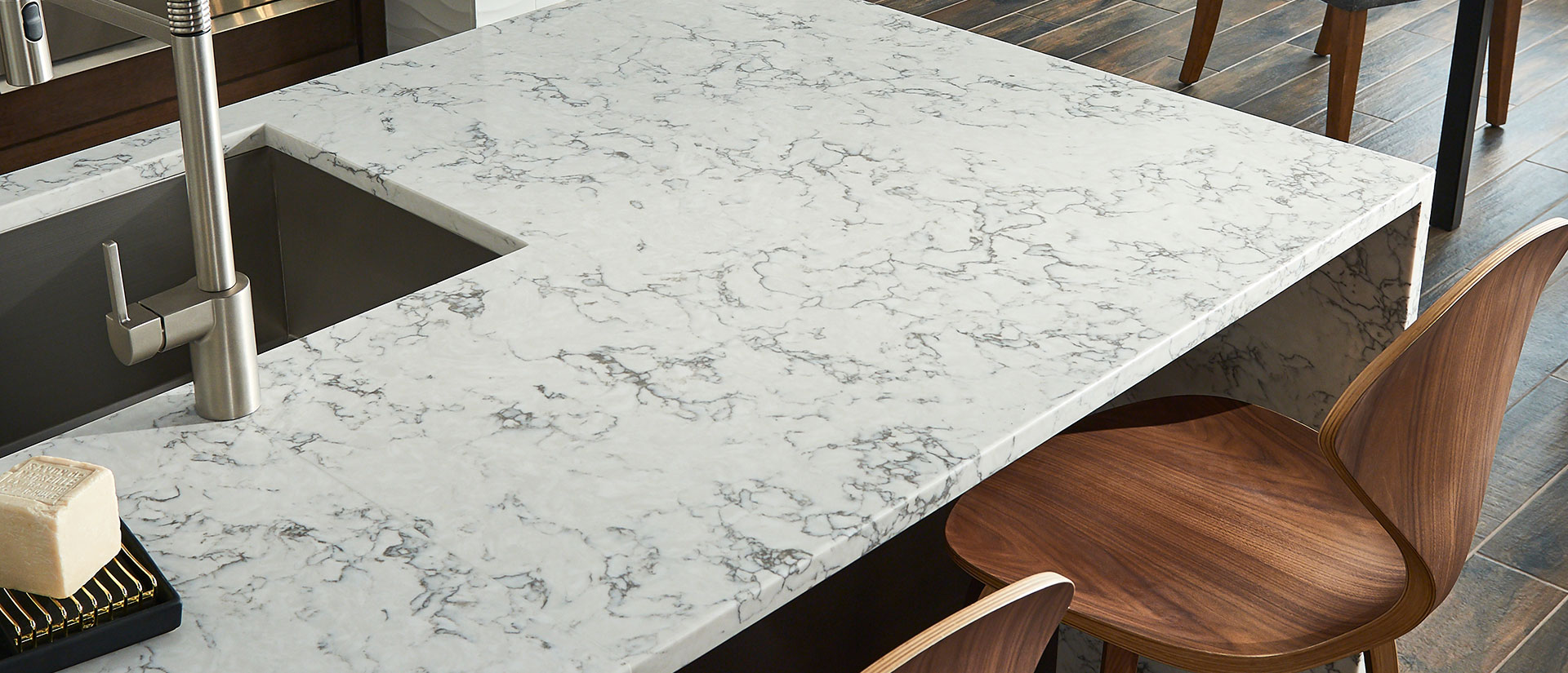 Blanca Arabescato Quartz countertop installed — view 2