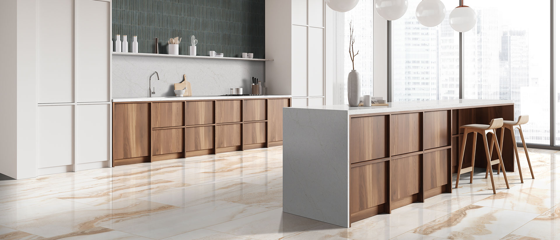 Calacatta Karmelo Quartz countertop in a kitchen