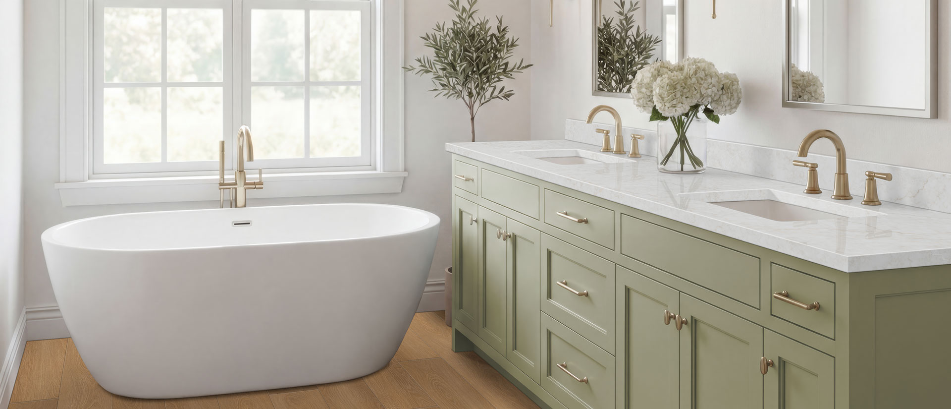 Calacatta Miraggio Cove Quartz countertop in a bathroom — view 2
