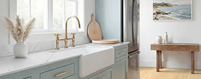 Calacatta Miraggio Seaglass Quartz countertop in a bathroom