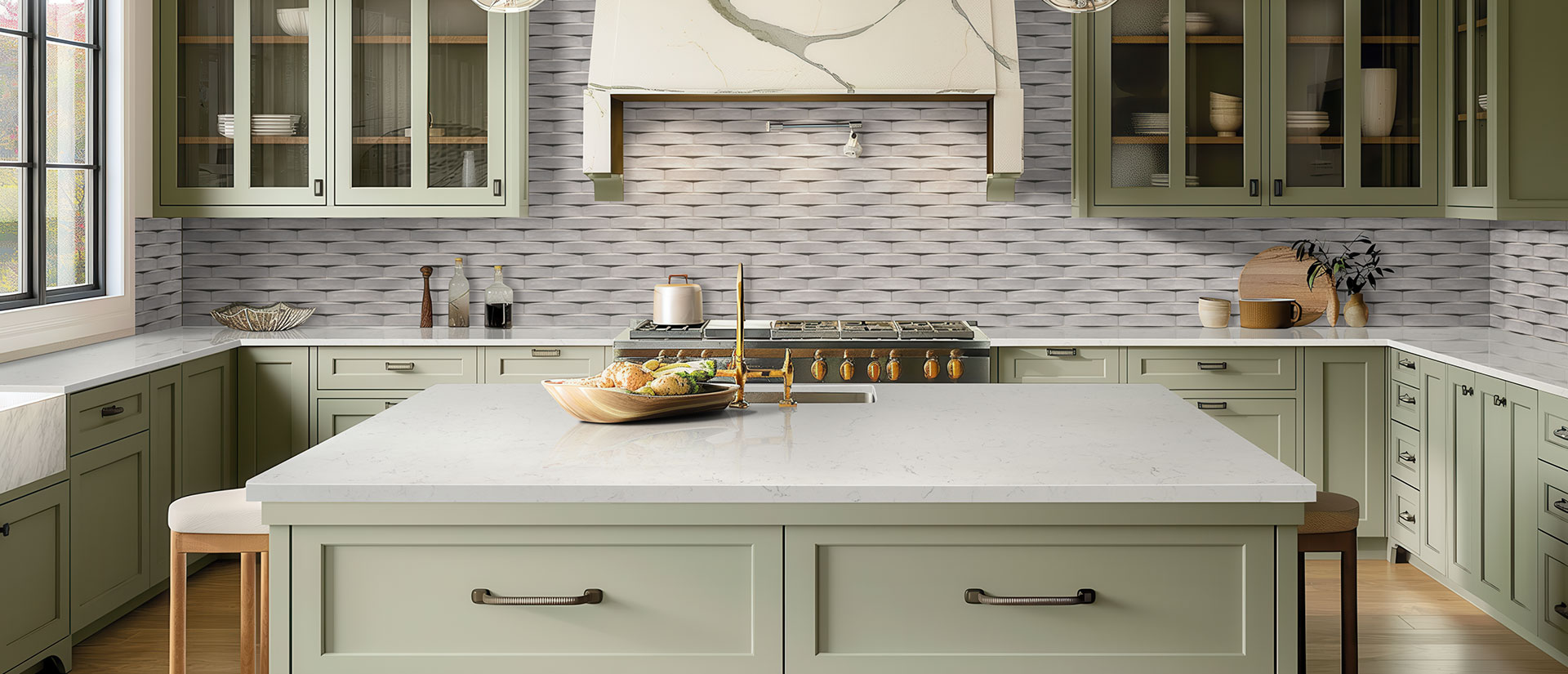 Carrara Delphi Quartz countertop in a kitchen — view 3