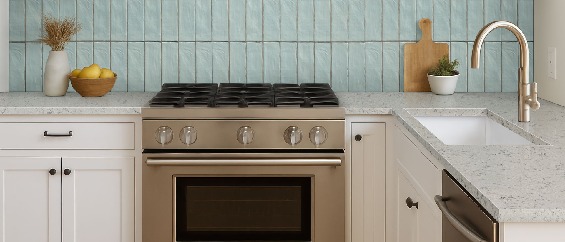 Carrara Mist Quartz countertop in a kitchen — view 2