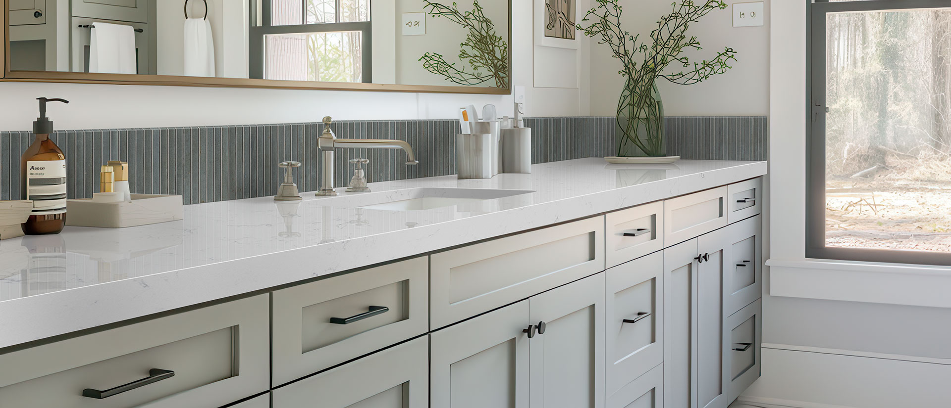 Carrara Morro Quartz countertop in a bathroom — view 2
