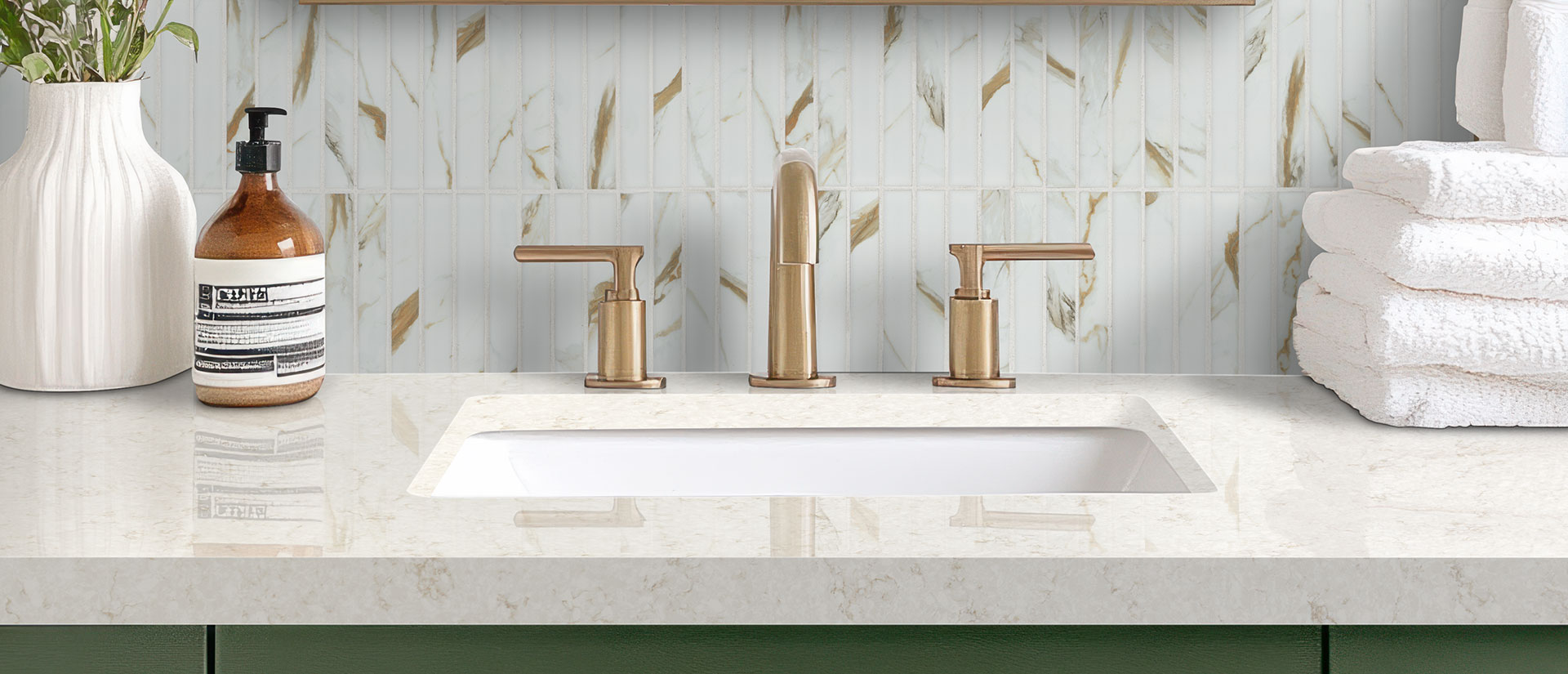 Cashmere Taj Quartz countertop in a bathroom — view 2